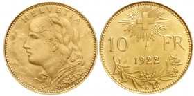 Ausländische Goldmünzen und -medaillen, Schweiz, Eidgenossenschaft, seit 1850
10 Franken Vreneli 1922 B. 3,23 g. 900/1000.
Stempelglanz