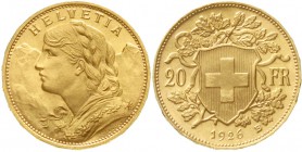 Ausländische Goldmünzen und -medaillen, Schweiz, Eidgenossenschaft, seit 1850
20 Franken Vreneli 1926 B, 6,45 g. 900/1000.
fast Stempelglanz, selten...