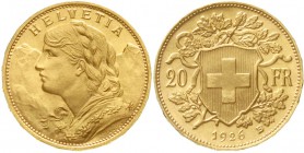 Ausländische Goldmünzen und -medaillen, Schweiz, Eidgenossenschaft, seit 1850
20 Franken Vreneli 1926 B, 6,45 g. 900/1000.
fast Stempelglanz, selten...