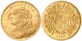 Ausländische Goldmünzen und -medaillen, Schweiz, Eidgenossenschaft, seit 1850
20 Franken Vreneli 1926 B, 6,45 g. 900/1000.
fast Stempelglanz