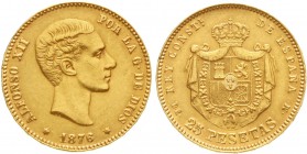 Ausländische Goldmünzen und -medaillen, Spanien, Alfonso XII., 1874-1885
25 Pesetas 1876 D-EM. 8,06 g. 900/1000.
vorzüglich, kl. Randfehler