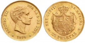 Ausländische Goldmünzen und -medaillen, Spanien, Alfonso XII., 1874-1885
25 Pesetas 1876 D-EM. (1962) offizielle Nachprägung der Spanischen Münze v. ...