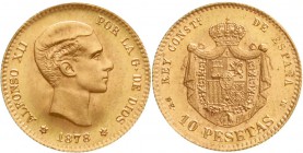 Ausländische Goldmünzen und -medaillen, Spanien, Alfonso XII., 1874-1885
10 Pesetas 1878 (19-62). Madrid. Offizielle Neuprägung vom original Stempel....