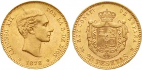 Ausländische Goldmünzen und -medaillen, Spanien, Alfonso XII., 1874-1885
25 Pesetas 1878 E-MM. 8,06 g. 900/1000.
vorzüglich/Stempelglanz, kl. Kratze...