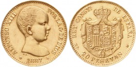 Ausländische Goldmünzen und -medaillen, Spanien, Alfonso XIII., 1886-1933
20 Pesetas 1887 off. Neuprägung 1961. Auflage nur 800 Ex. 6,45 g. 900/1000....