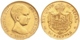 Ausländische Goldmünzen und -medaillen, Spanien, Alfonso XIII., 1886-1933
20 Pesetas 1890 M.P. M. 6,45 g 900/1000.
vorzüglich