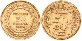 Ausländische Goldmünzen und -medaillen, Tunesien, Muhammad alHadi Bey, 1903-1906
20 Francs 1904 A. 6,45 g. 900/1000.
vorzüglich