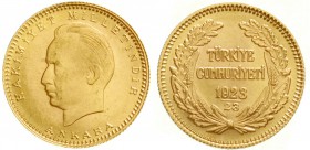 Ausländische Goldmünzen und -medaillen, Türkei/Osmanisches Reich, Republik, 1923 bis heute
100 Kurush 1923, Jahr 23 = 1946. Ismet Inonu. 7,22 g. 917/...