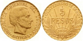 Ausländische Goldmünzen und -medaillen, Uruguay, Republik, seit 1830
5 Pesos 1930. 100 Jahre Republik. 8,485 g. 917/1000. 6. Auflage nur 14415 Ex.
v...