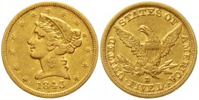 Ausländische Goldmünzen und -medaillen, Vereinigte Staaten von Amerika, Unabhängigkeit, seit 1776
5 Dollars 1843 D. 8,36 g. 900/1000. Auflage nur 125...