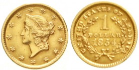 Ausländische Goldmünzen und -medaillen, Vereinigte Staaten von Amerika, Unabhängigkeit, seit 1776
Dollar 1854, Philadelphia. 1,67 g. 900/1000.
sehr ...