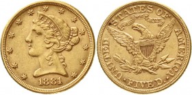 Ausländische Goldmünzen und -medaillen, Vereinigte Staaten von Amerika, Unabhängigkeit, seit 1776
5 Dollars 1881, Philadelphia. Coronet Head. 8,36 g....