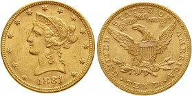 Ausländische Goldmünzen und -medaillen, Vereinigte Staaten von Amerika, Unabhängigkeit, seit 1776
10 Dollars 1881, Philadelphia. Coroned Head. 16,7 g...
