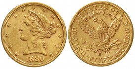 Ausländische Goldmünzen und -medaillen, Vereinigte Staaten von Amerika, Unabhängigkeit, seit 1776
5 Dollars 1886 S, San Francisco. Coronet Head. 8,36...