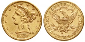 Ausländische Goldmünzen und -medaillen, Vereinigte Staaten von Amerika, Unabhängigkeit, seit 1776
5 Dollars 1887 S, San Francisco. Coronet Head. 8,36...