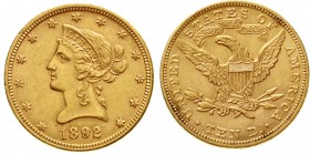 Ausländische Goldmünzen und -medaillen, Vereinigte Staaten von Amerika, Unabhängigkeit, seit 1776
10 Dollars 1892, Philadelphia. Coroned Head. 16,7 g...