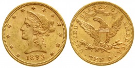 Ausländische Goldmünzen und -medaillen, Vereinigte Staaten von Amerika, Unabhängigkeit, seit 1776
10 Dollars 1893, Philadelphia. Coroned Head. 16,7 g...