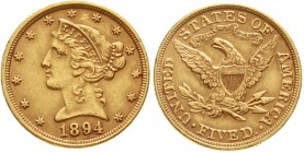 Ausländische Goldmünzen und -medaillen, Vereinigte Staaten von Amerika, Unabhängigkeit, seit 1776
5 Dollars 1894, Philadelphia. Coronet Head. 8,36 g....