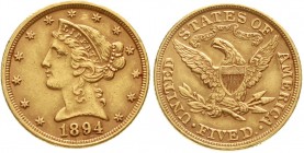 Ausländische Goldmünzen und -medaillen, Vereinigte Staaten von Amerika, Unabhängigkeit, seit 1776
5 Dollars 1894, Philadelphia. Coronet Head. 8,36 g....