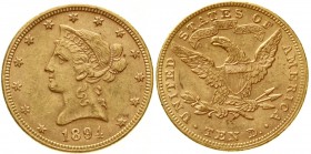Ausländische Goldmünzen und -medaillen, Vereinigte Staaten von Amerika, Unabhängigkeit, seit 1776
10 Dollars 1894, Philadelphia. Coronet Head. 16,72 ...