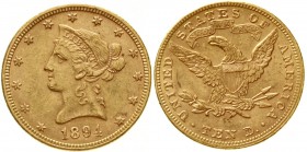 Ausländische Goldmünzen und -medaillen, Vereinigte Staaten von Amerika, Unabhängigkeit, seit 1776
10 Dollars 1894, Philadelphia. Coronet Head. 16,72 ...