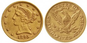 Ausländische Goldmünzen und -medaillen, Vereinigte Staaten von Amerika, Unabhängigkeit, seit 1776
5 Dollars 1895, Philadelphia. Coronet Head. 8,36 g....