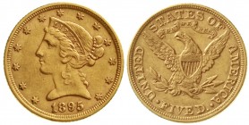 Ausländische Goldmünzen und -medaillen, Vereinigte Staaten von Amerika, Unabhängigkeit, seit 1776
5 Dollars 1895, Philadelphia. Coronet Head. 8,36 g....