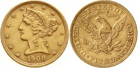 Ausländische Goldmünzen und -medaillen, Vereinigte Staaten von Amerika, Unabhängigkeit, seit 1776
5 Dollars 1900, Philadelphia. Coronet Head. 8,36 g....