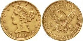 Ausländische Goldmünzen und -medaillen, Vereinigte Staaten von Amerika, Unabhängigkeit, seit 1776
5 Dollars 1900, Philadelphia. Coronet Head. 8,36 g....