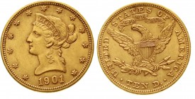 Ausländische Goldmünzen und -medaillen, Vereinigte Staaten von Amerika, Unabhängigkeit, seit 1776
10 Dollars 1901, Philadelphia. Coronet Head. 16,72 ...
