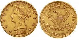 Ausländische Goldmünzen und -medaillen, Vereinigte Staaten von Amerika, Unabhängigkeit, seit 1776
10 Dollars 1901, Philadelphia. Coronet Head. 16,72 ...