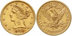 Ausländische Goldmünzen und -medaillen, Vereinigte Staaten von Amerika, Unabhängigkeit, seit 1776
5 Dollars 1901 S, San Francisco. Coronet Head. 8,36...