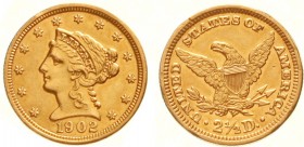 Ausländische Goldmünzen und -medaillen, Vereinigte Staaten von Amerika, Unabhängigkeit, seit 1776
2 1/2 Dollars 1902. 4,18 g. 900/1000
sehr schön/vo...