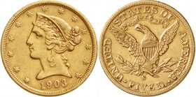Ausländische Goldmünzen und -medaillen, Vereinigte Staaten von Amerika, Unabhängigkeit, seit 1776
5 Dollars 1903 S, San Francisco. Coronet Head. 8,36...