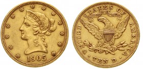 Ausländische Goldmünzen und -medaillen, Vereinigte Staaten von Amerika, Unabhängigkeit, seit 1776
10 Dollars 1905, Philadelphia. Coronet Head. 16,72 ...