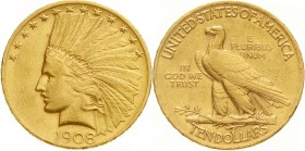 Ausländische Goldmünzen und -medaillen, Vereinigte Staaten von Amerika, Unabhängigkeit, seit 1776
10 Dollars 1908, Philadelphia. Indianer. 16,72 g. 9...