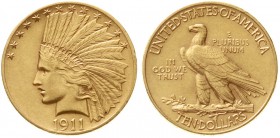 Ausländische Goldmünzen und -medaillen, Vereinigte Staaten von Amerika, Unabhängigkeit, seit 1776
10 Dollars 1911, Philadelphia. Indianer. 16,72 g. 9...