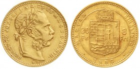 Gold der Habsburger Erblande und Österreichs, Haus Habsburg, Franz Joseph I., 1848-1916
8 Forint/20 Francs 1880 KB, für Ungarn. 6,45 g. 900/1000
seh...