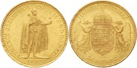 Gold der Habsburger Erblande und Österreichs, Haus Habsburg, Franz Joseph I., 1848-1916
20 Korona 1892 KB. Stehender Herrscher. Für Ungarn. 6,78 g. 9...