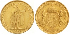 Gold der Habsburger Erblande und Österreichs, Haus Habsburg, Franz Joseph I., 1848-1916
20 Korona 1893 KB. Stehender Herrscher. Für Ungarn. 6,78 g. 9...