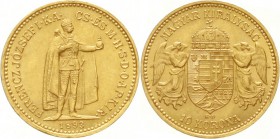 Gold der Habsburger Erblande und Österreichs, Haus Habsburg, Franz Joseph I., 1848-1916
10 Korona 1893 KB. Stehender Herrscher. Für Ungarn. 6,78 g. 9...