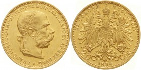 Gold der Habsburger Erblande und Österreichs, Haus Habsburg, Franz Joseph I., 1848-1916
20 Kronen 1894. 6,78 g. 900/1000.
vorzüglich