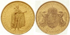 Gold der Habsburger Erblande und Österreichs, Haus Habsburg, Franz Joseph I., 1848-1916
20 Korona 1897 KB. Stehender Herrscher. Für Ungarn. 6,78 g. 9...
