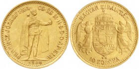 Gold der Habsburger Erblande und Österreichs, Haus Habsburg, Franz Joseph I., 1848-1916
10 Korona 1904 KB. Stehender Herrscher. Für Ungarn. 6,78 g. 9...