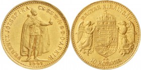 Gold der Habsburger Erblande und Österreichs, Haus Habsburg, Franz Joseph I., 1848-1916
10 Korona 1907 KB. Stehender Herrscher. Für Ungarn. 6,78 g. 9...