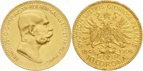 Gold der Habsburger Erblande und Österreichs, Haus Habsburg, Franz Joseph I., 1848-1916
10 Kronen 1908. Regierungsjubiläum. 3,39 g. 900/100
vorzügli...