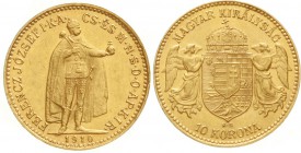 Gold der Habsburger Erblande und Österreichs, Haus Habsburg, Franz Joseph I., 1848-1916
10 Korona 1910 KB. Stehender Herrscher. Für Ungarn. 6,78 g. 9...
