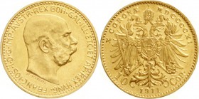 Gold der Habsburger Erblande und Österreichs, Haus Habsburg, Franz Joseph I., 1848-1916
10 Kronen 1911. 3,39 g. 900/1000.
vorzüglich/Stempelglanz