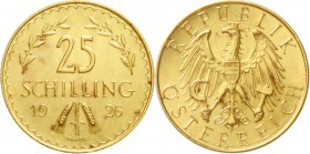 Gold der Habsburger Erblande und Österreichs, Österreich, 1. Republik, 1918-1938
25 Schilling 1926. 5,87 g. 900/1000.
vorzüglich/Stempelglanz