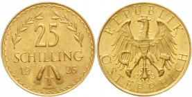 Gold der Habsburger Erblande und Österreichs, Österreich, 1. Republik, 1918-1938
25 Schilling 1926. 5,29 g. Feingold.
fast Stempelglanz